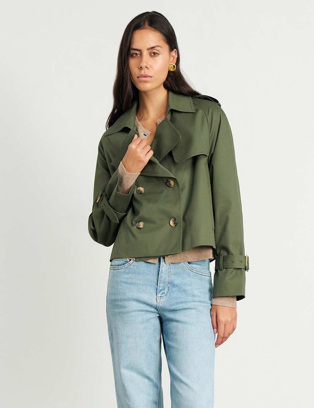 Jag Women's Pure Cotton Double Breasted Cropped Trench Coat - 10 - Khaki - Available at M&S