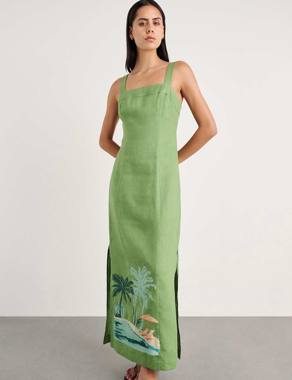 Jag Women's Pure Linen Printed Strappy Maxi Column Dress - 12 - Green - Available at M&S