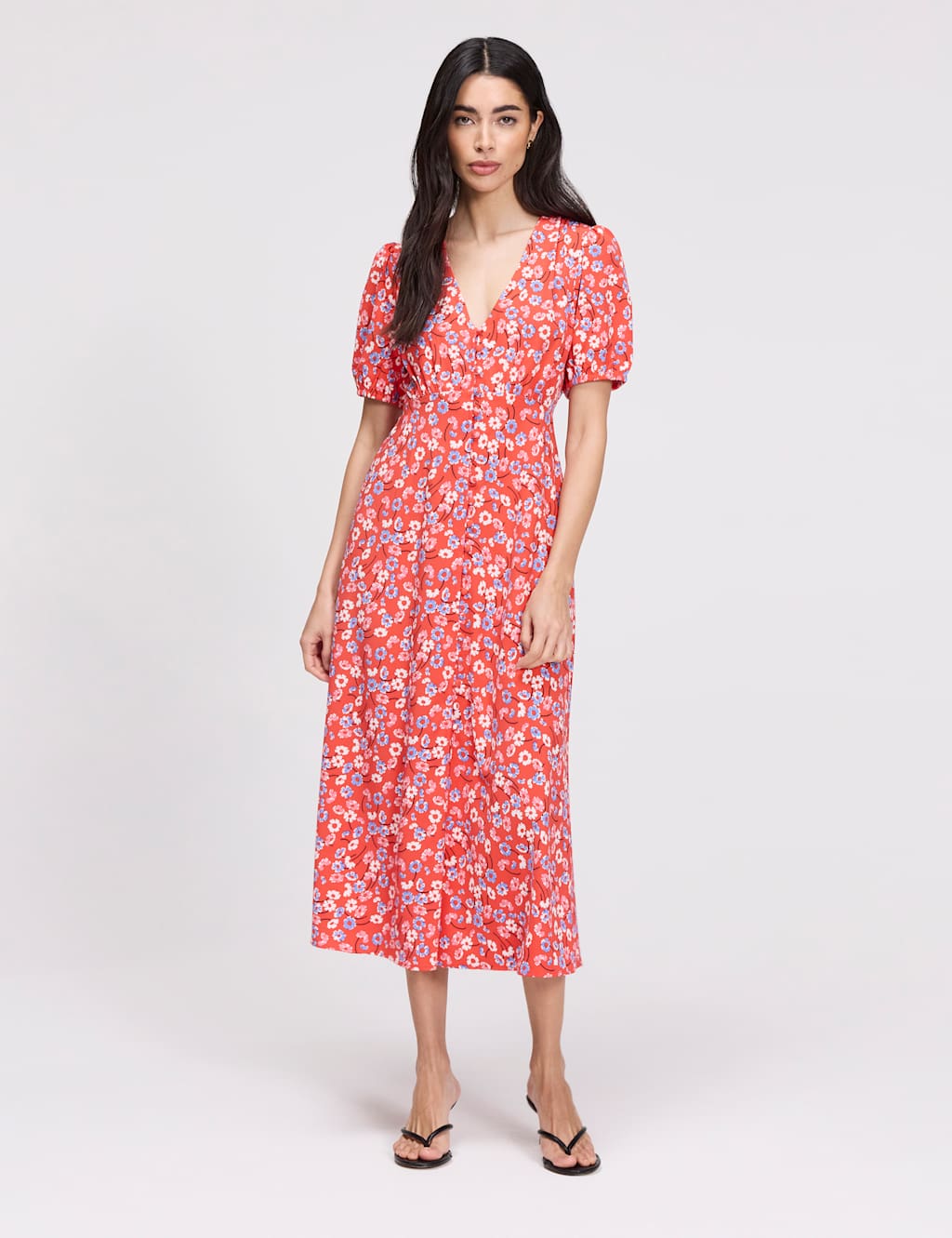 Finery London Women's Floral Button Through Midi Waisted Dress - 24 - Red Mix - Available at M&S