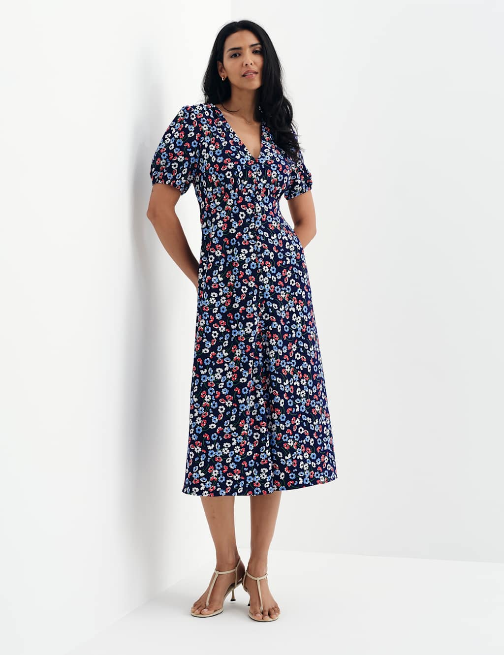 Finery London Women's Floral Button Through Midi Waisted Dress - 18 - Navy Mix - Available at M&S
