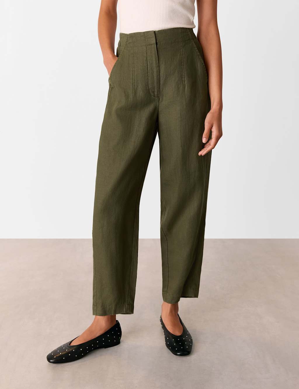Whistles Pure Linen Tapered Ankle Grazer Trousers Khaki