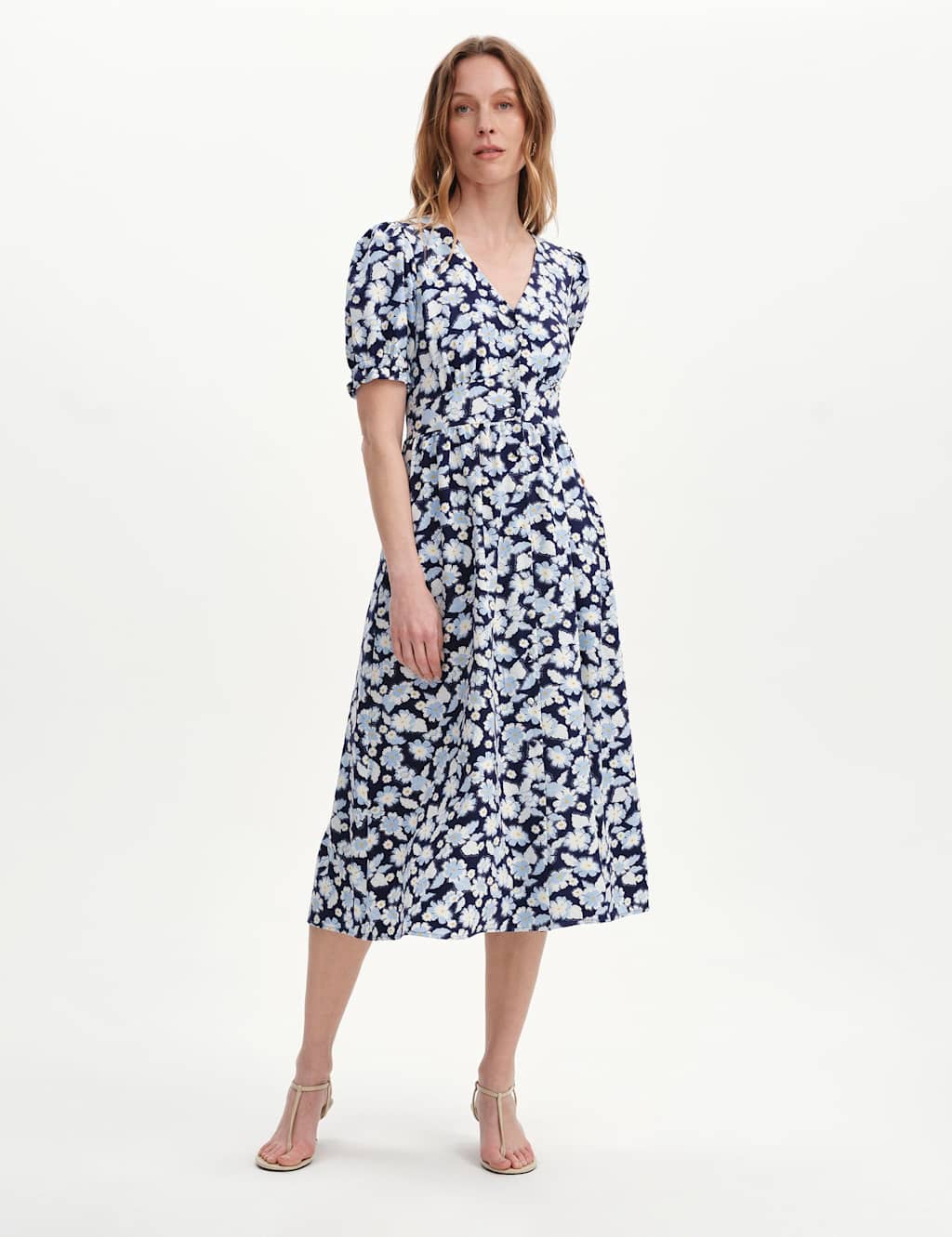 Finery London Women's Floral V-Neck Button Through Midi Tea Dress - 18 - Blue Mix - Available at M&S