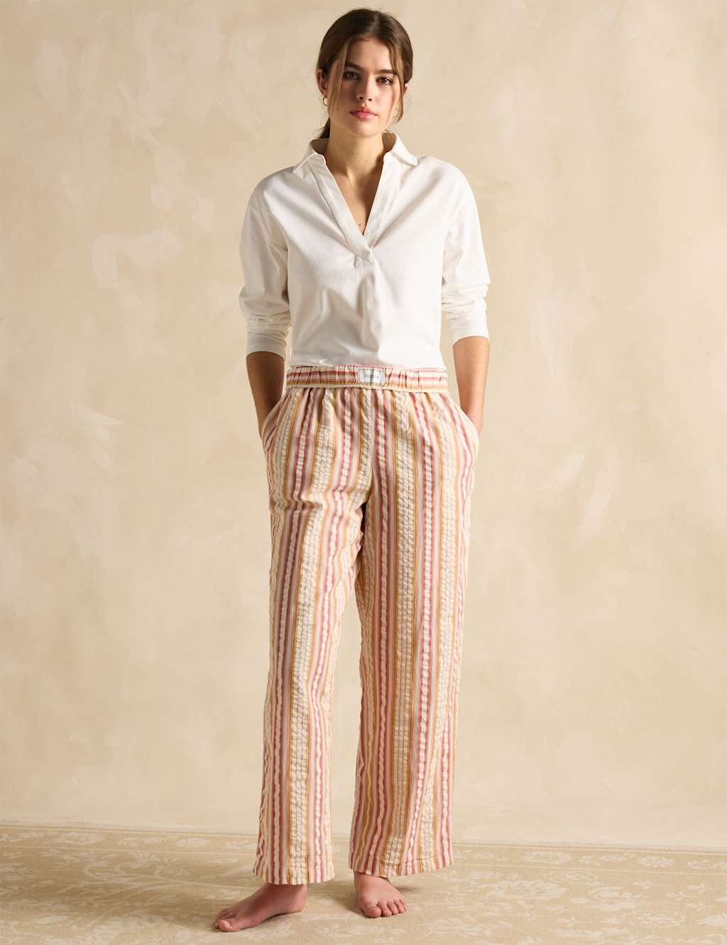 Joules Pure Cotton Striped Elasticated Waist Trousers Orange Mix