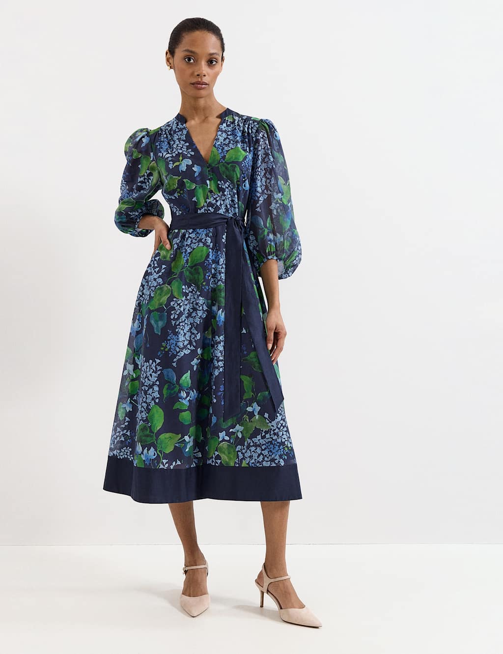 Phase Eight Women's Floral V-Neck Belted Midi Skater Dress - 12 - Navy Mix - Available at M&S