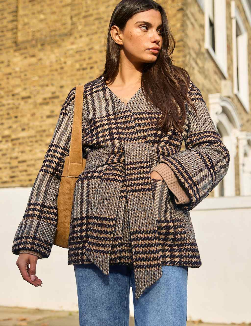Ro&Zo Women's Checked Belted Wrap Coat with Wool - Small - Brown Mix - Available at M&S