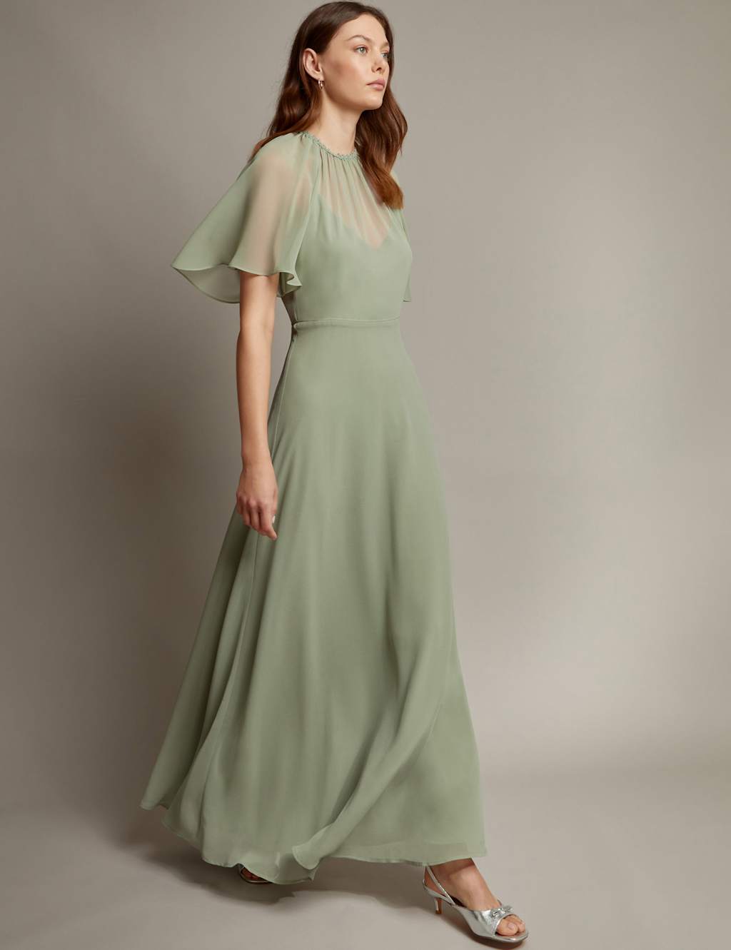 Monsoon Women's Round Neck Angel Sleeve Maxi Tea Dress - 12 - Green - Available at M&S