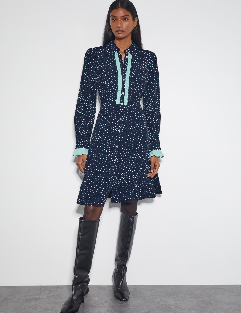 Printed Collared Knee Length Skater Dress