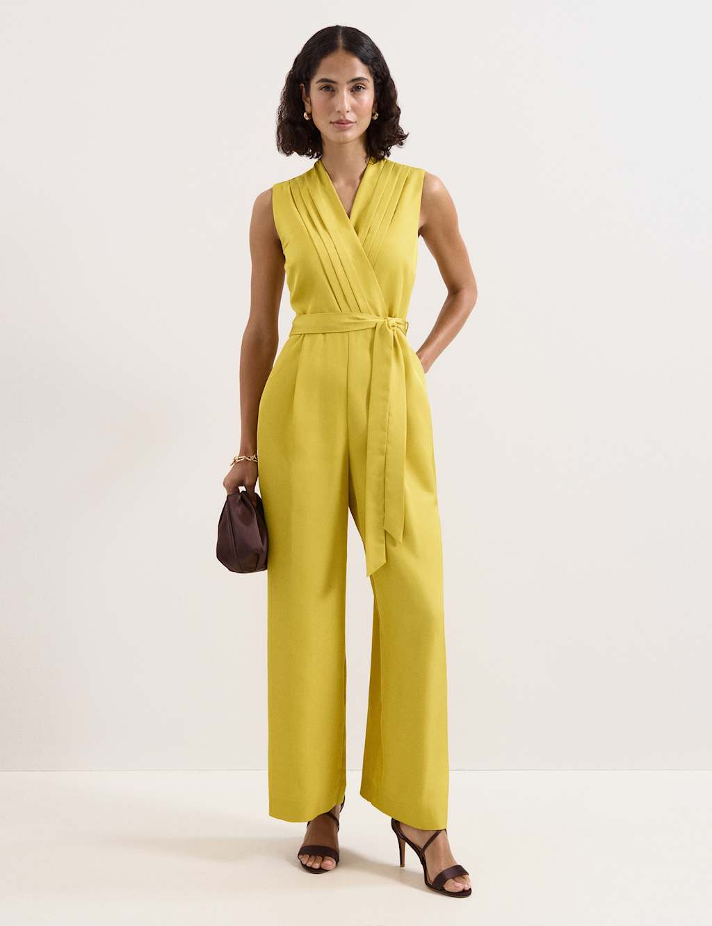 Phase Eight Women's Satin Belted Sleeveless Wide Leg Jumpsuit - 10 - Yellow - Available at M&S