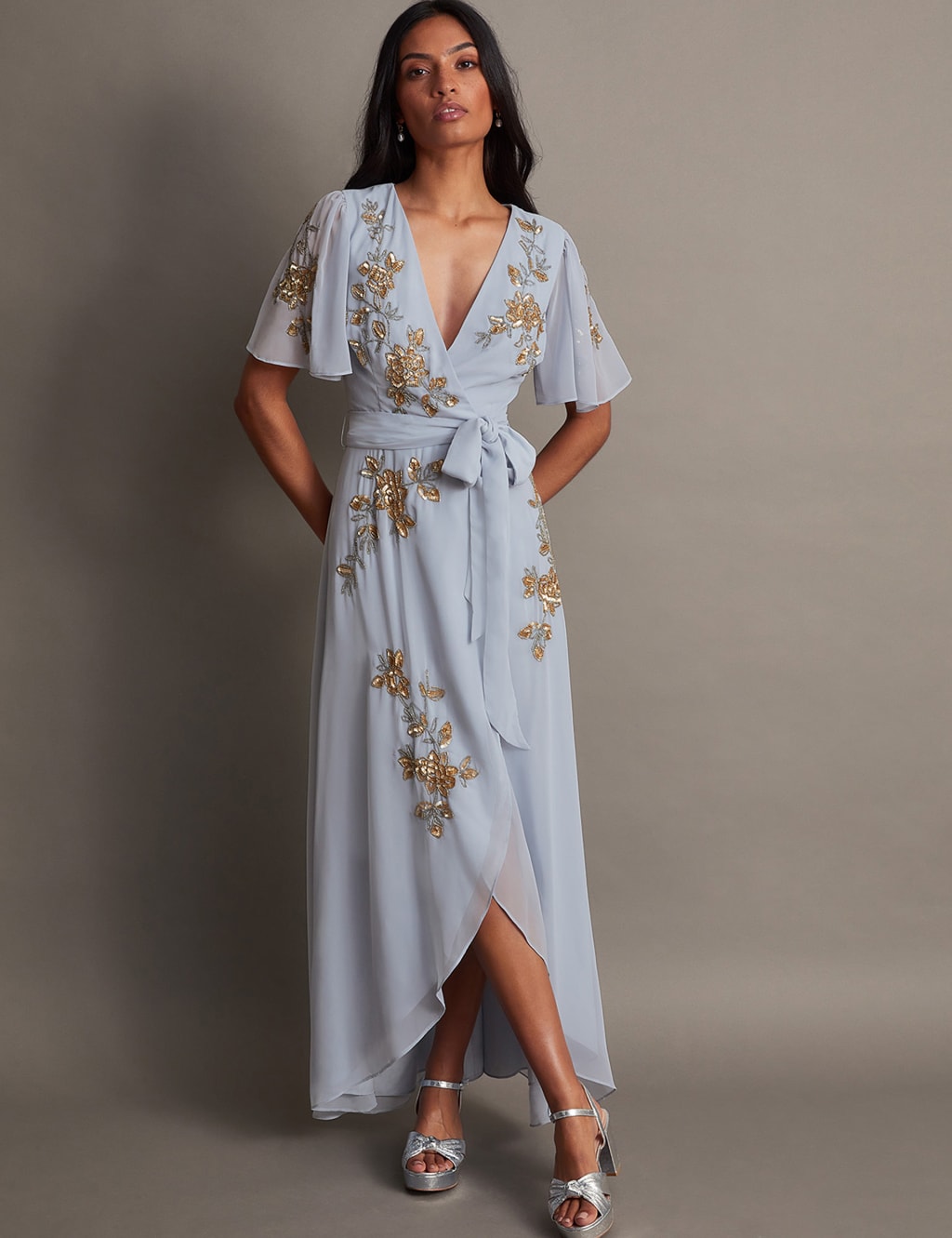 Embellished V-Neck Maxi Wrap Dress