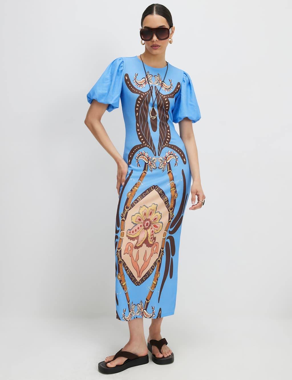 River Island Women's Pure Cotton Textured Printed Midi Dress - Small - Blue Mix - Available at M&S