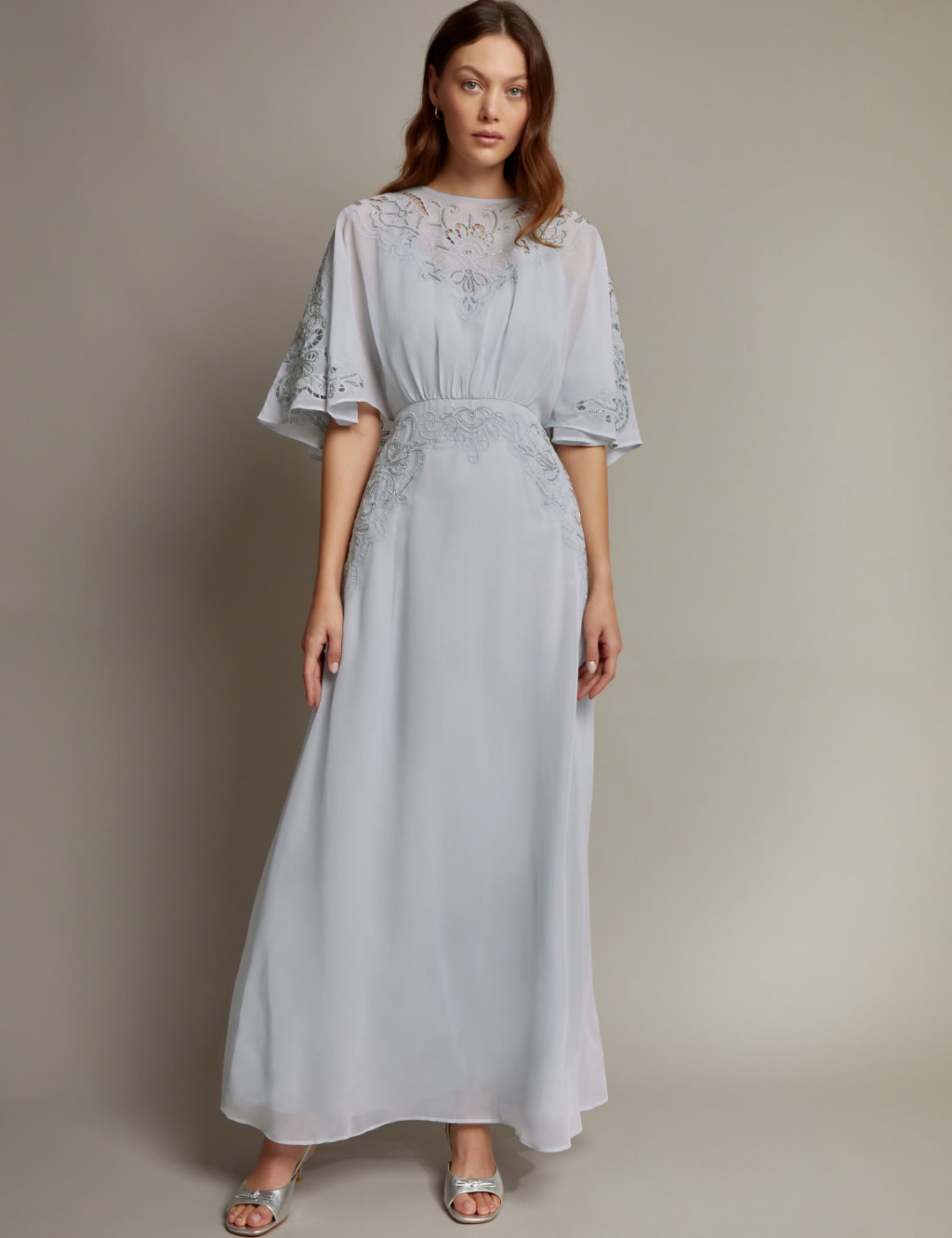 Embroidered Angel Sleeve Maxi Waisted Dress