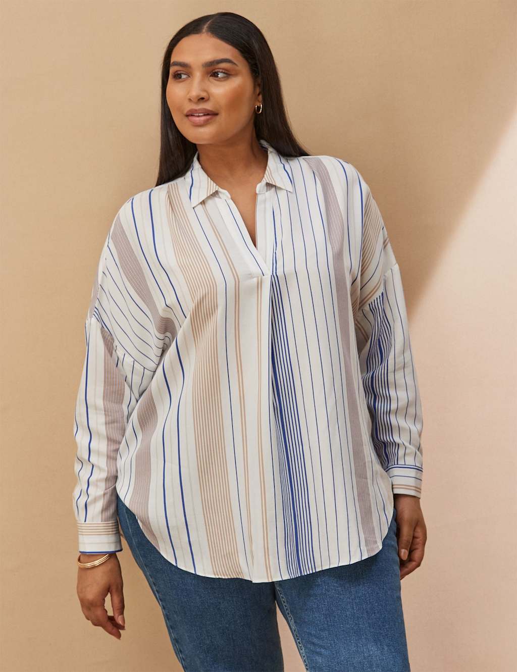 Live Unlimited London Striped Collared Pleat Detail Shirt White