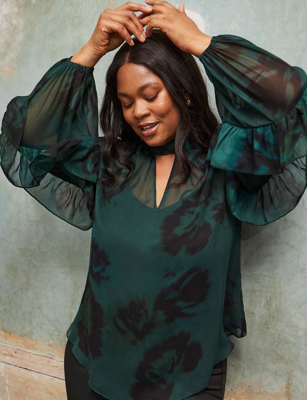 Live Unlimited London Printed High Neck Blouse Green Mix