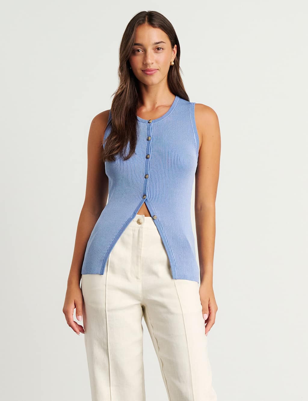 Jag Women's Ribbed Button Through Longline Vest Top - 10 - Light Blue - Available at M&S