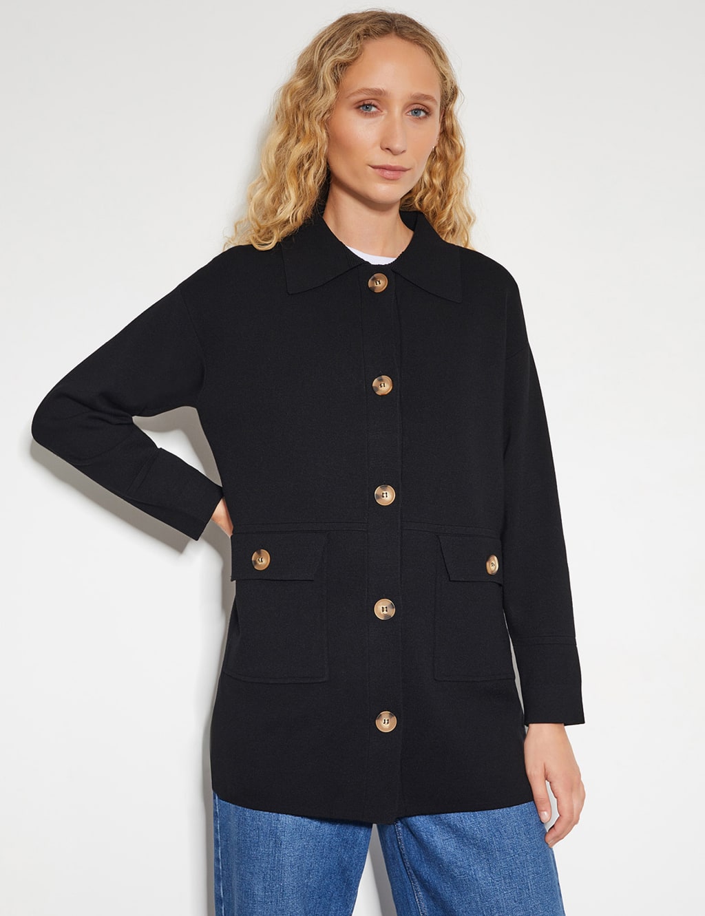 Collared Longline Knitted Jacket