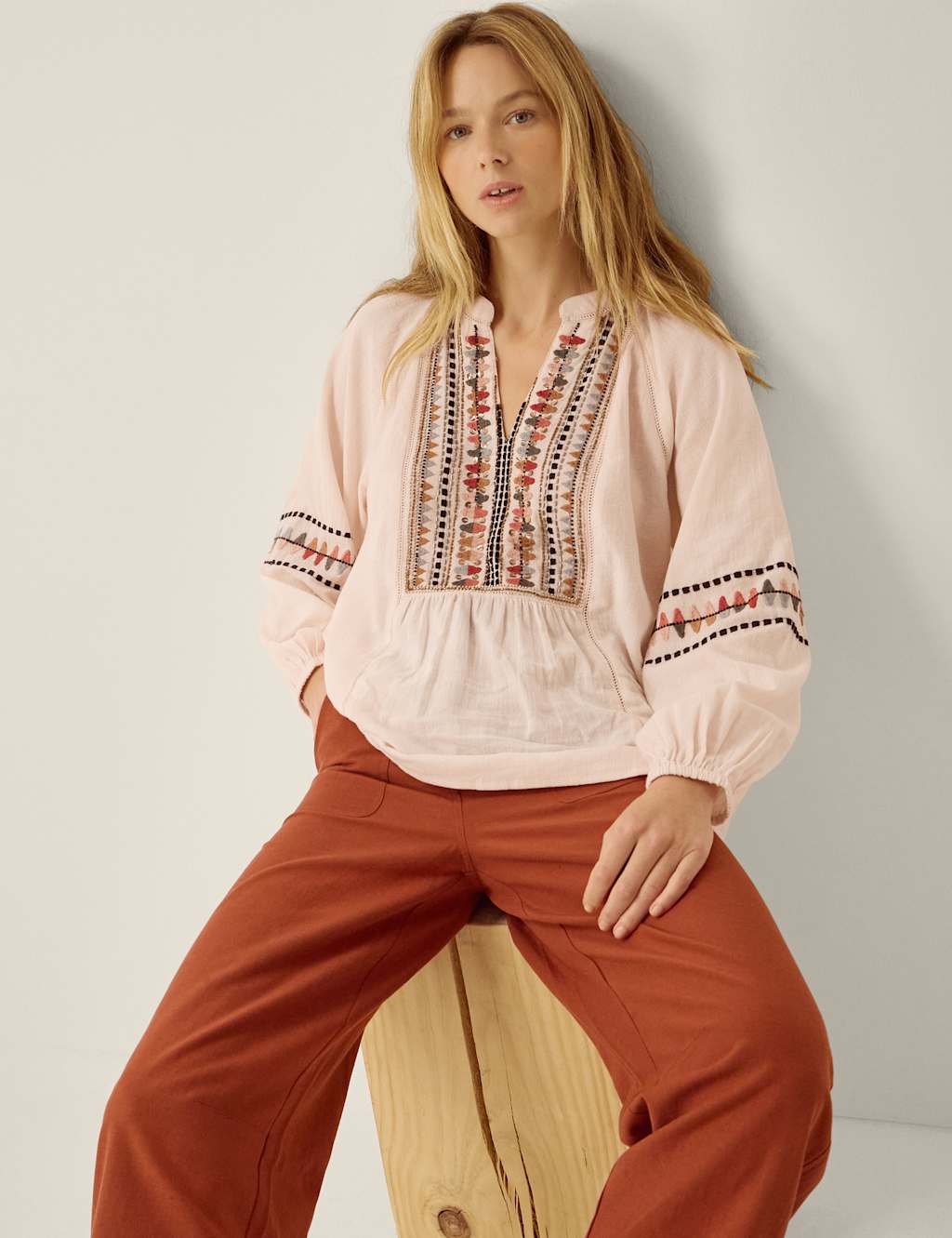 Monsoon Women's Pure Cotton Embroidered Top - Small - Light Pink Mix - Available at M&S