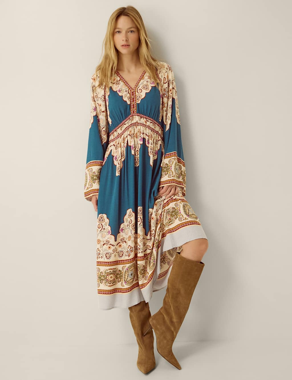 Monsoon Women's Printed Midi Smock Dress - Large - Teal Mix - Available at M&S