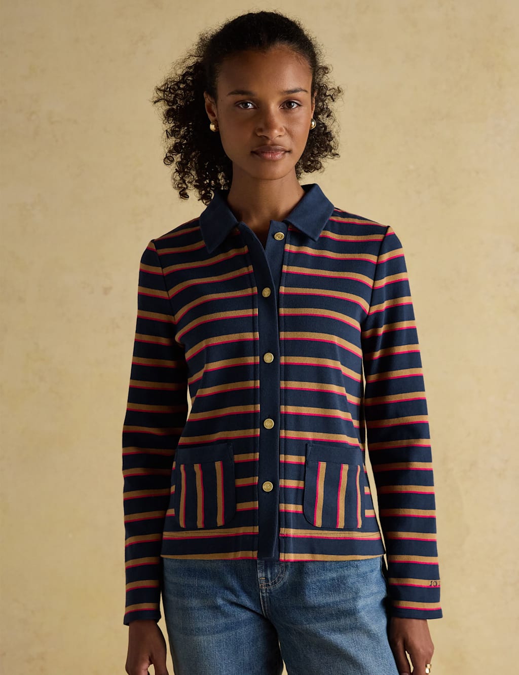Joules Pure Cotton Striped Collared Cardigan Navy Mix