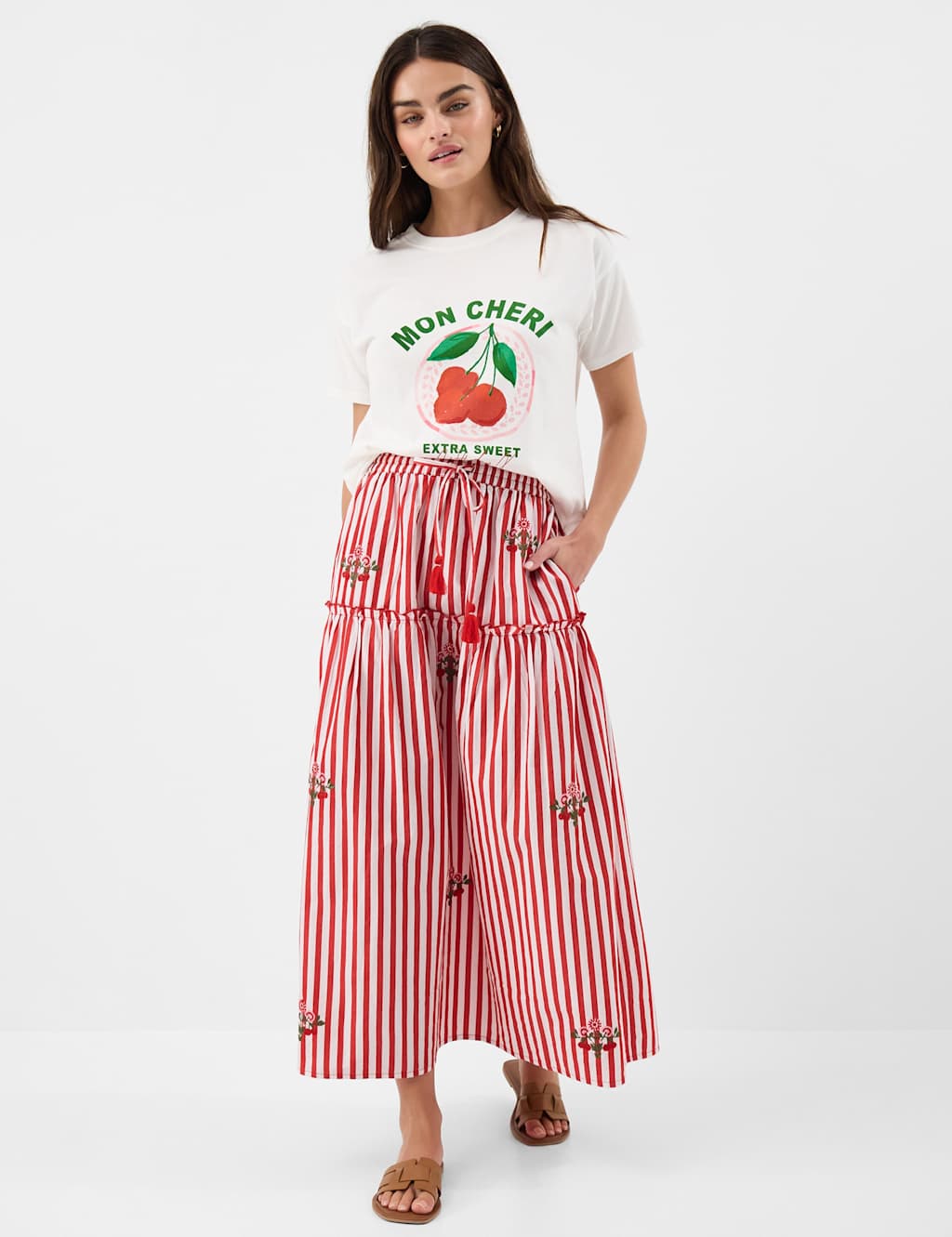 Accessorize Women's Pure Cotton Striped Embroidered Midi Skirt - Large - Red Mix - Available at M&S