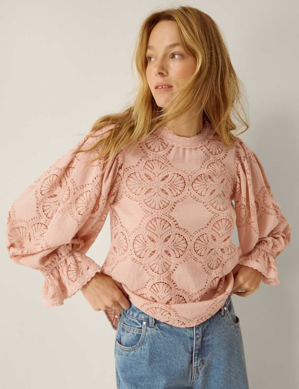 Monsoon Women's Lace Round Neck Top - 10 - Blush - Available at M&S