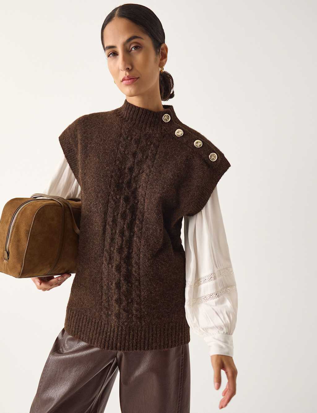 Monsoon Women's Cable Knit Button Detail Knitted Vest - Medium - Ivory Mix - Available at M&S