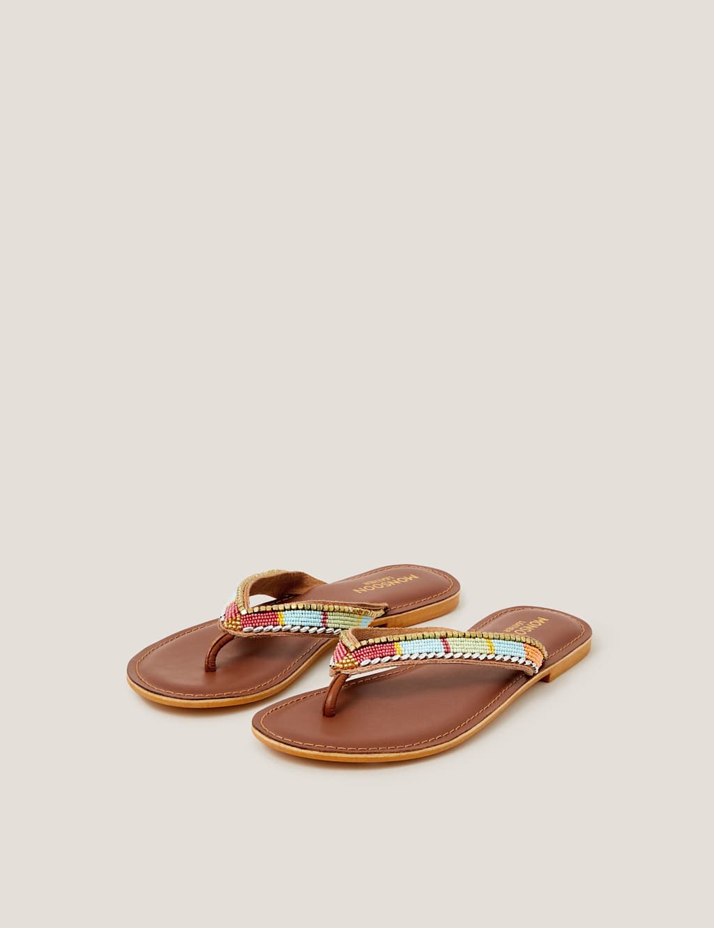 Monsoon Women's Leather Beaded Flat Flip Flops - 5 - Ivory Mix - Available at M&S