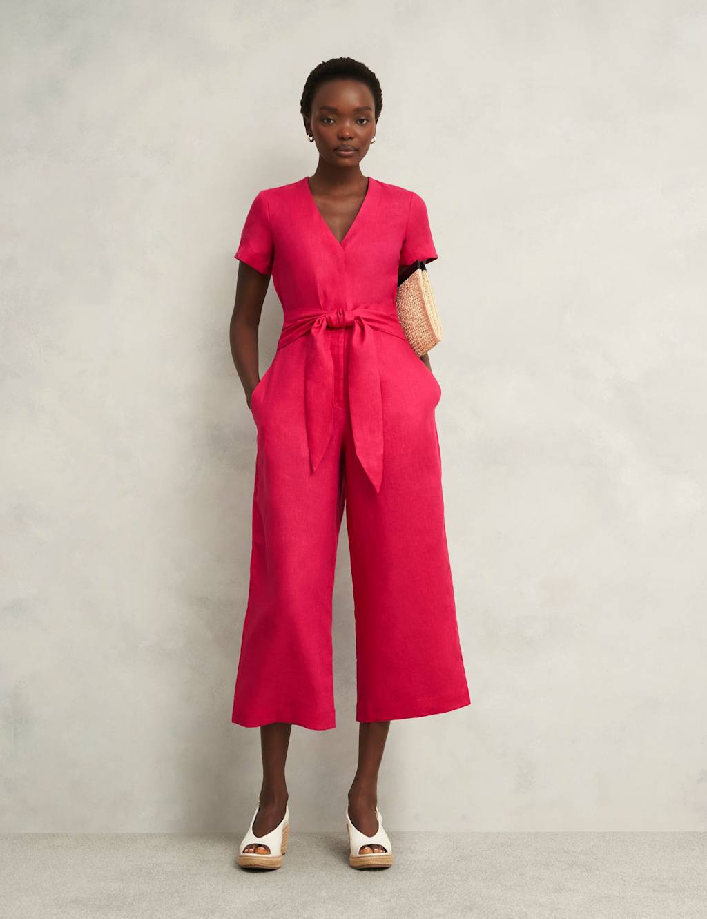 Pure Linen Belted Cropped Wide Leg Jumpsuit