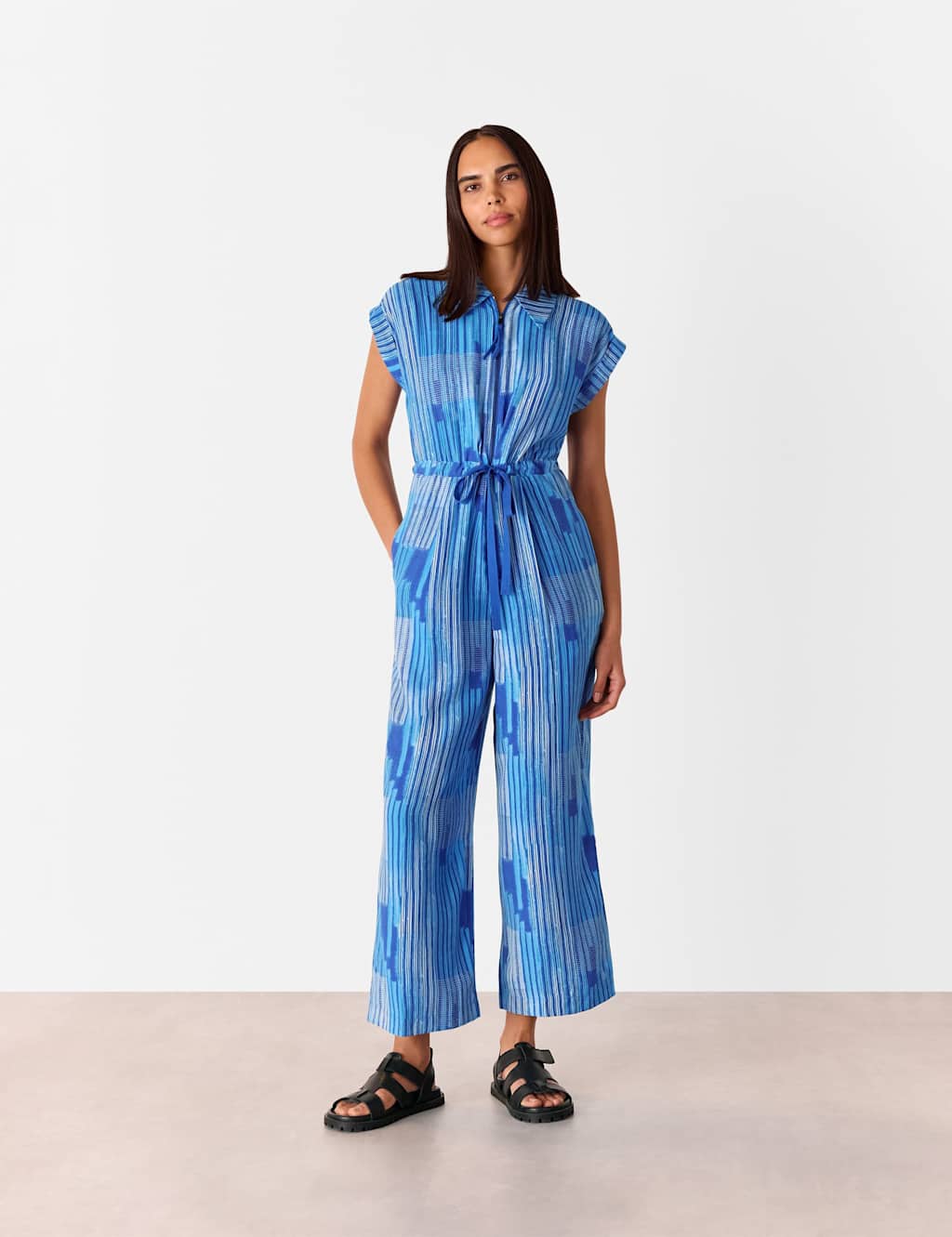 Striped Tie Detail Short Sleeve Jumpsuit