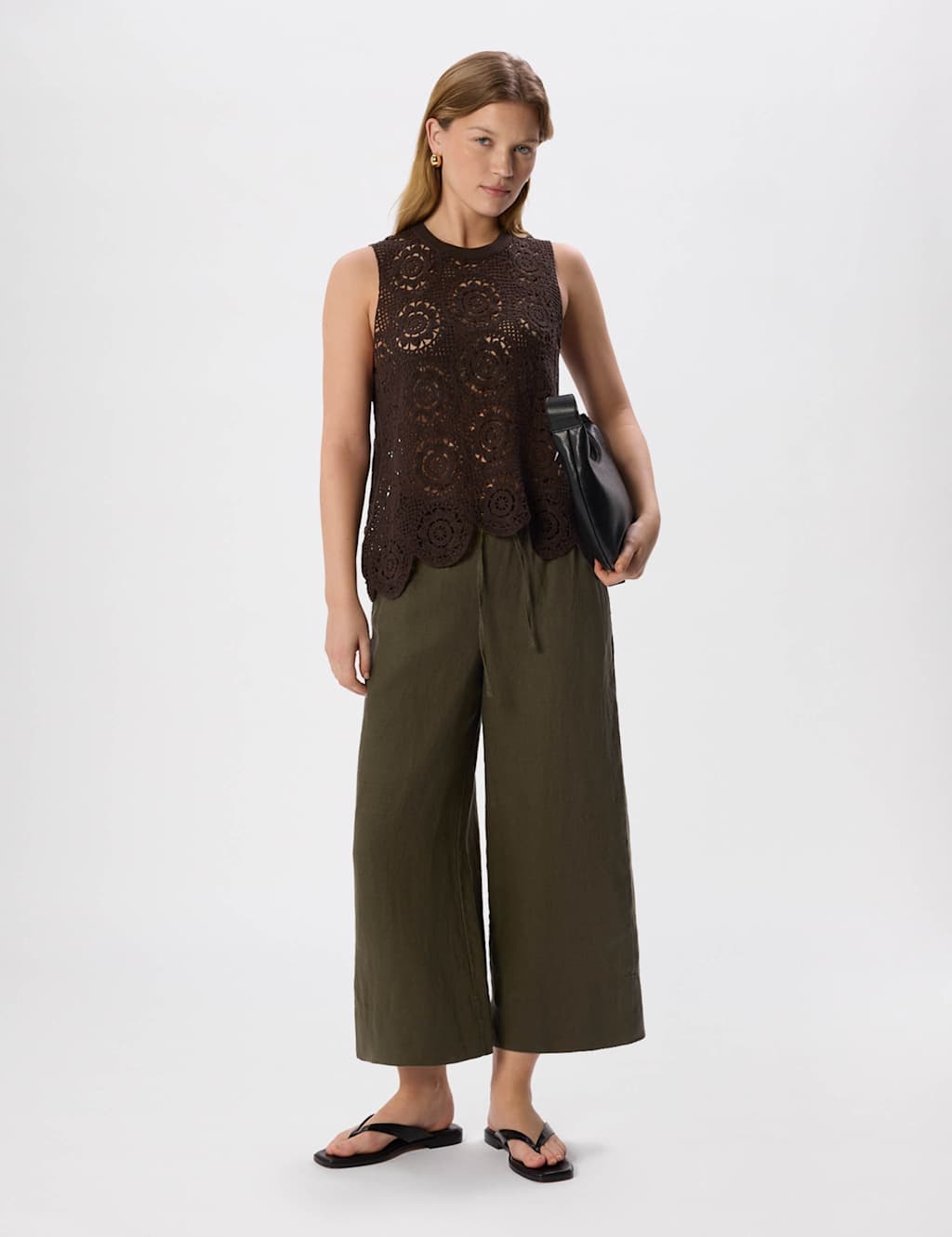 Whistles Women's Pure Linen Wide Leg Cropped Trousers - 8 - Khaki - Available at M&S