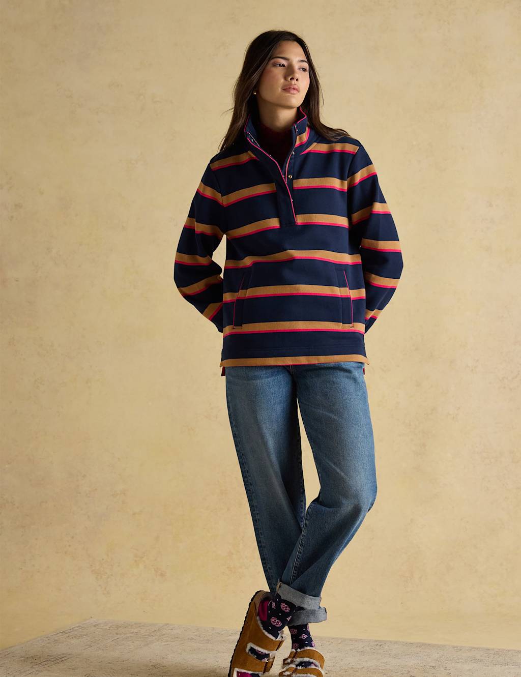 Joules Pure Cotton Striped Funnel Neck Sweatshirt Navy Mix