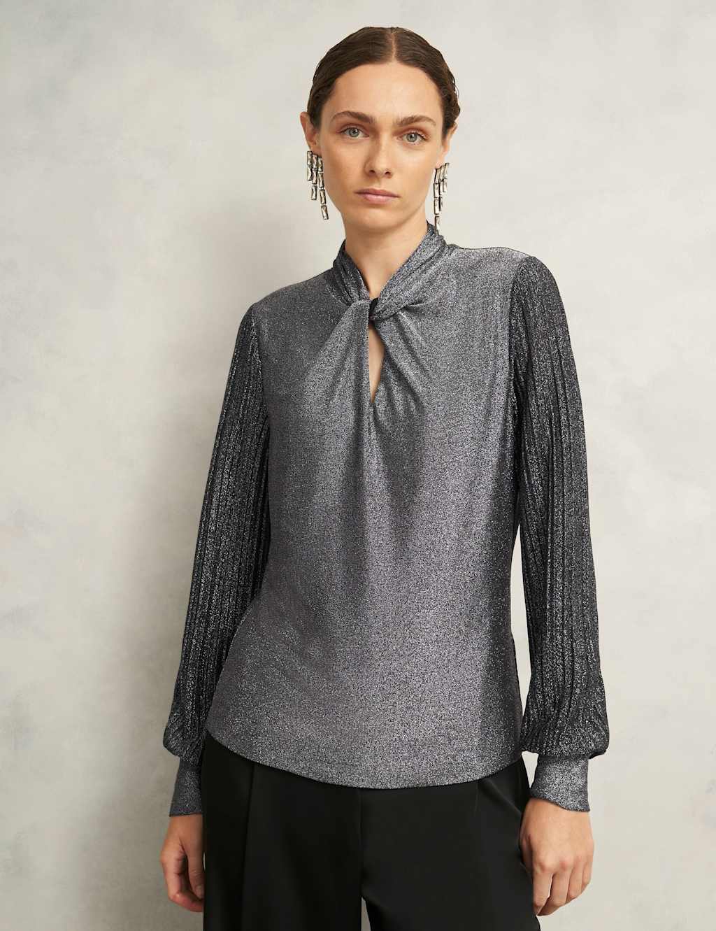 HOBBS Sparkly Twist Front Blouson Sleeve Top Silver