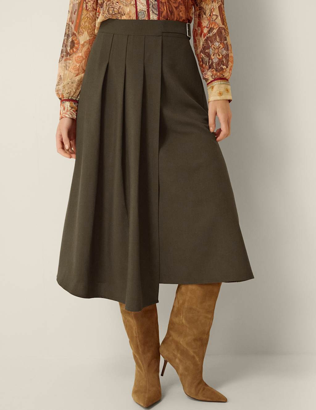 Monsoon Women's Box Pleat Midi Kilt Skirt - Medium - Khaki - Available at M&S