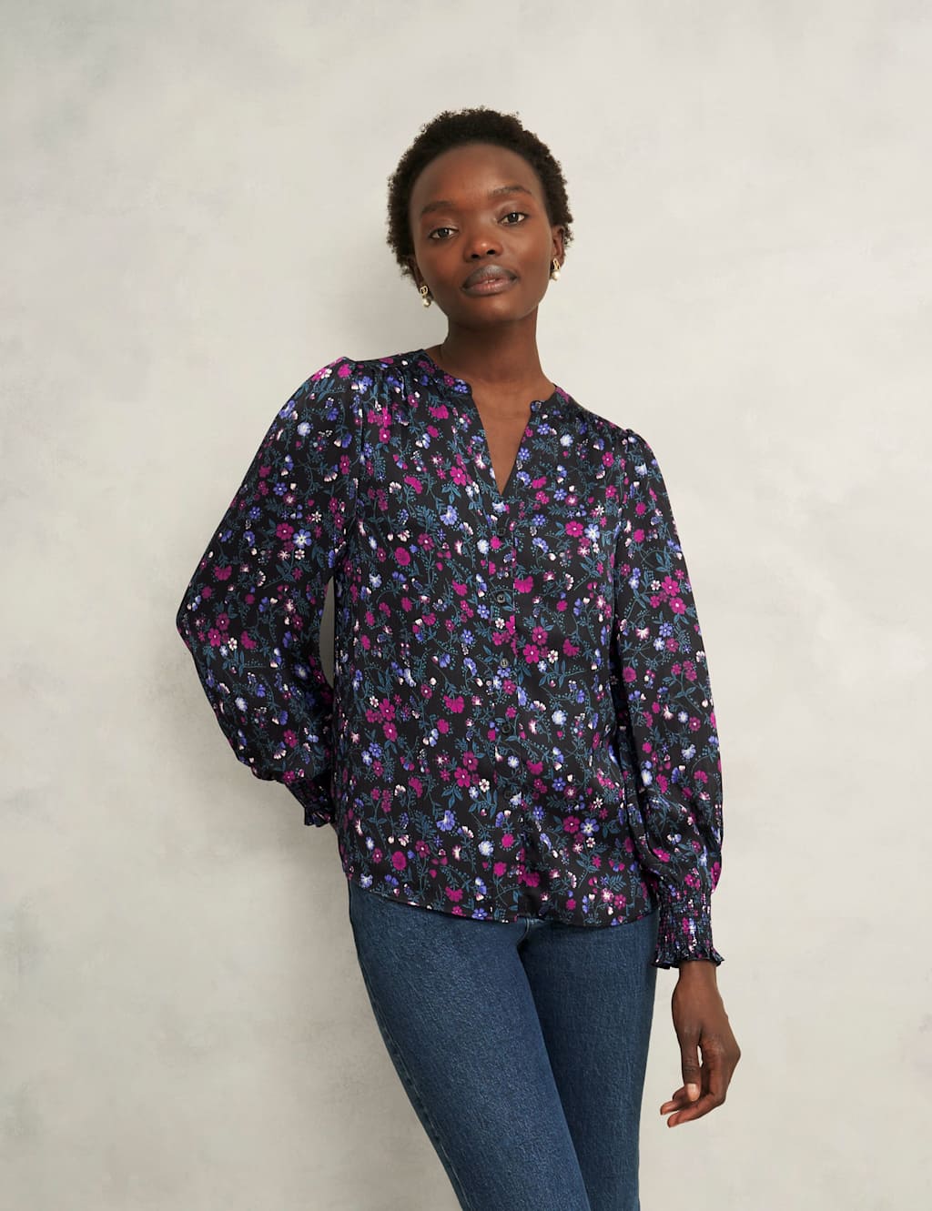 HOBBS Floral V-Neck Blouson Sleeve Blouse Black Mix