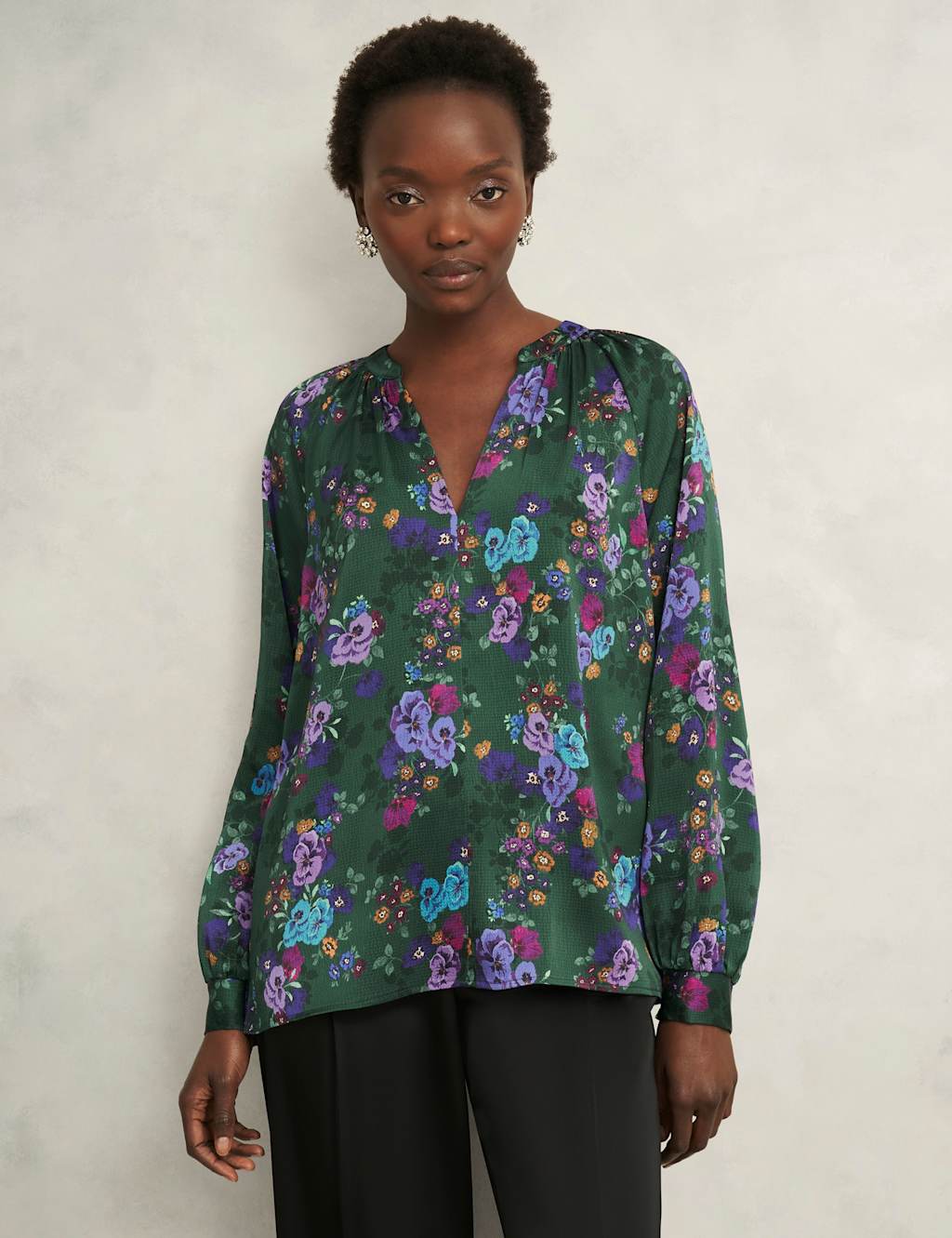 HOBBS Satin Floral V-Neck Blouse Green Mix