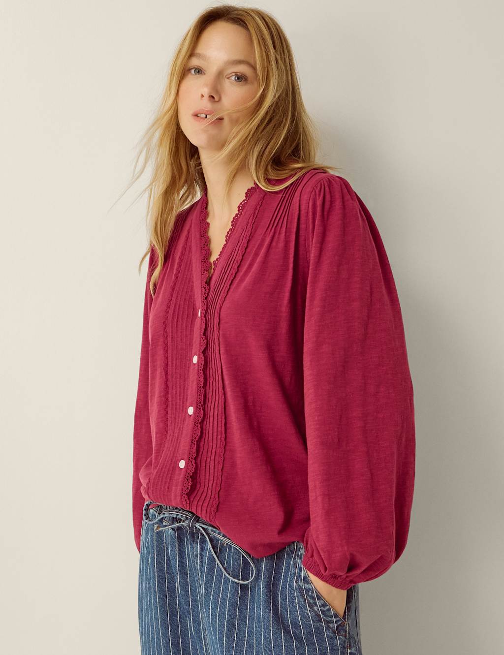 Monsoon Women's Pure Cotton Jersey Blouse - Medium - Burgundy - Available at M&S