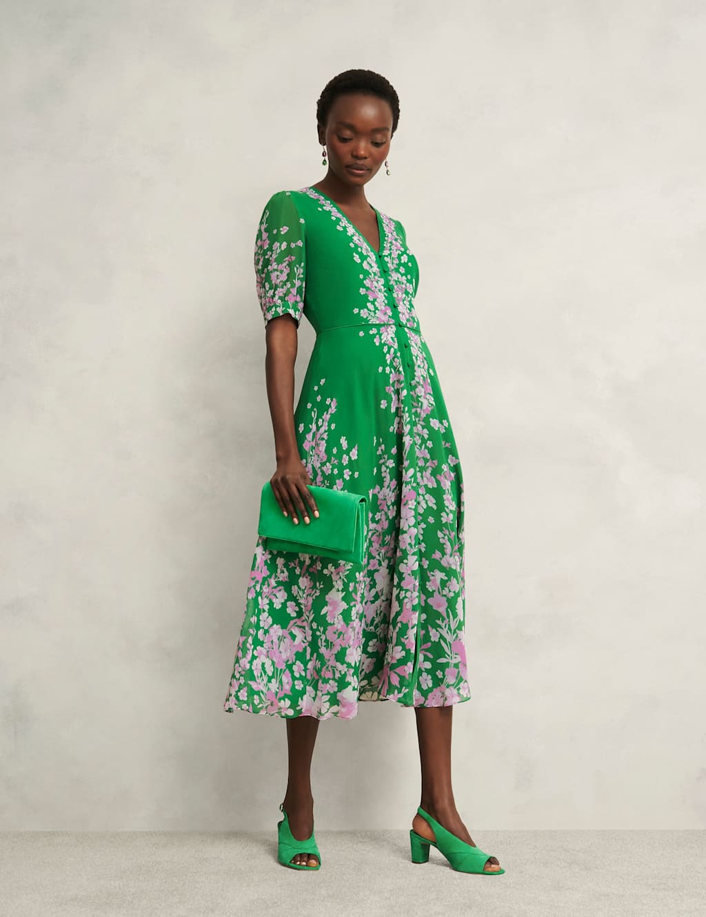 Pure Silk Floral V-Neck Midi Skater Dress