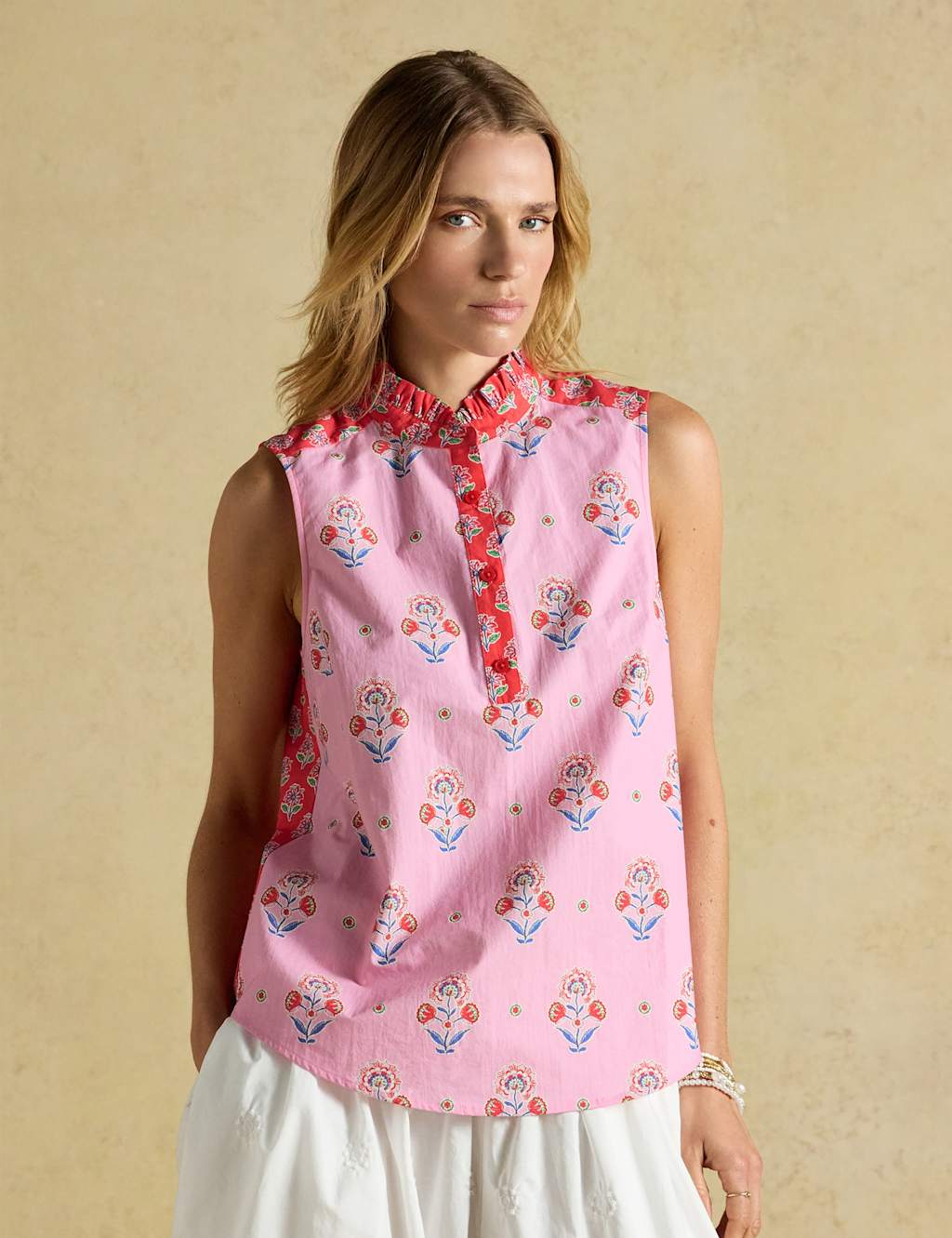 Joules Women's Pure Cotton Floral Frill Neck Blouse - 12 - Pink Mix - Available at M&S