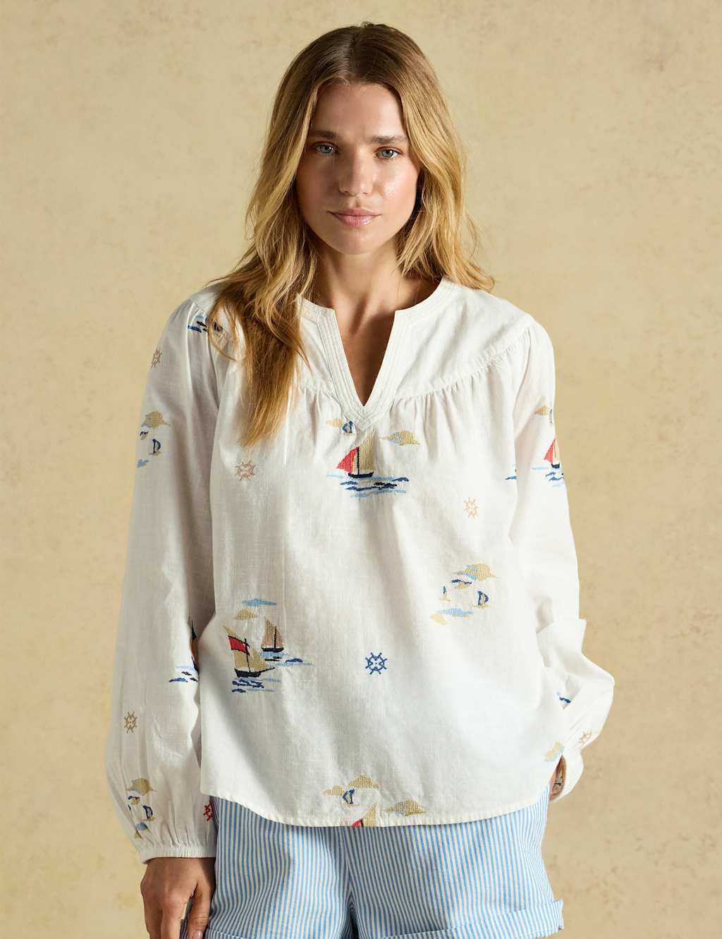 Joules Women's Pure Cotton Embroidered Notch Neck Blouse - 14 - Cream Mix - Available at M&S