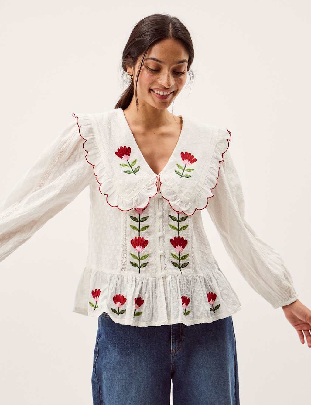 Monsoon Women's Tulip Embroidered Scallop Collar Top - 12 - White - Available at M&S