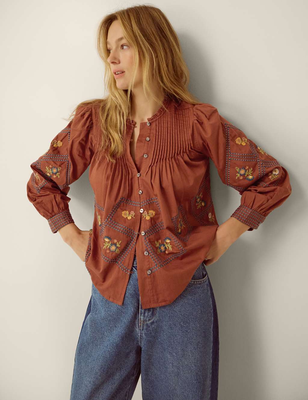 Monsoon Women's Pure Cotton Embroidered Pintuck Blouse - Extra Large - Beige - Available at M&S