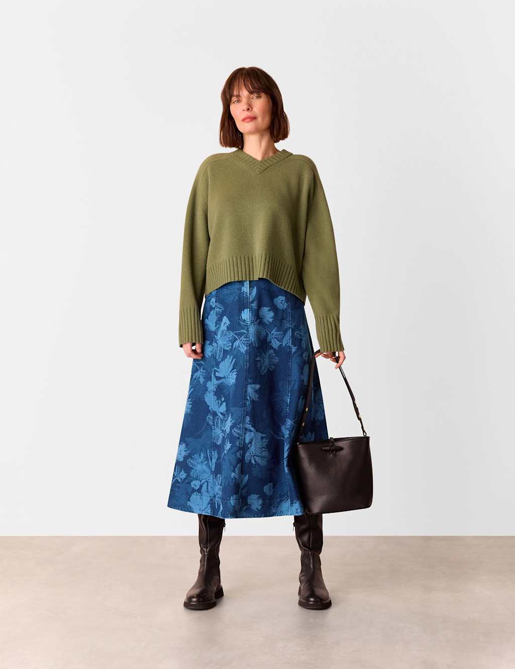 Denim Floral Midi A-Line Skirt