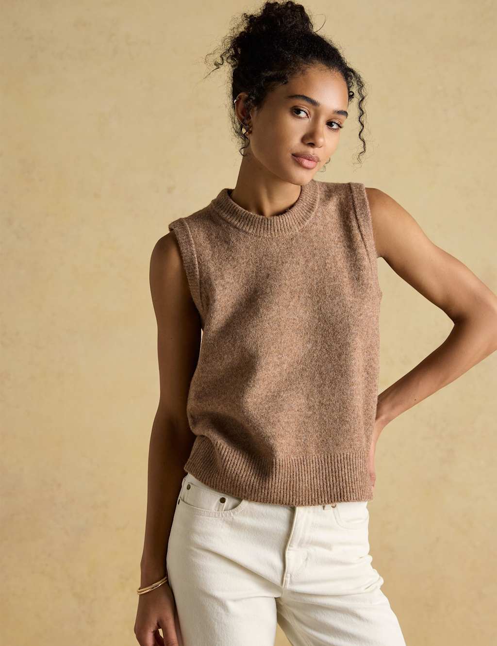 Joules Textured Crew Neck Knitted Vest Tan