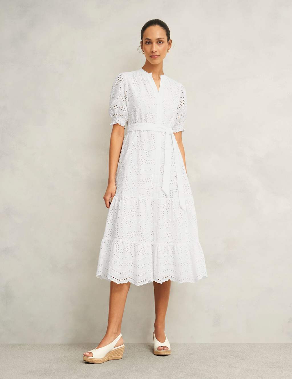 Pure Cotton Broderie Notch Neck Midi Dress