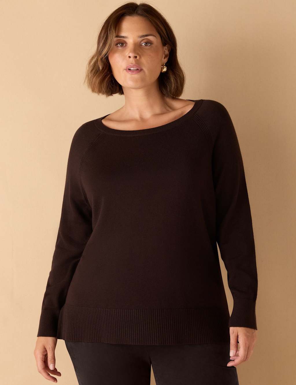 Live Unlimited London Cotton Blend Textured Round Neck Jumper Chocolate