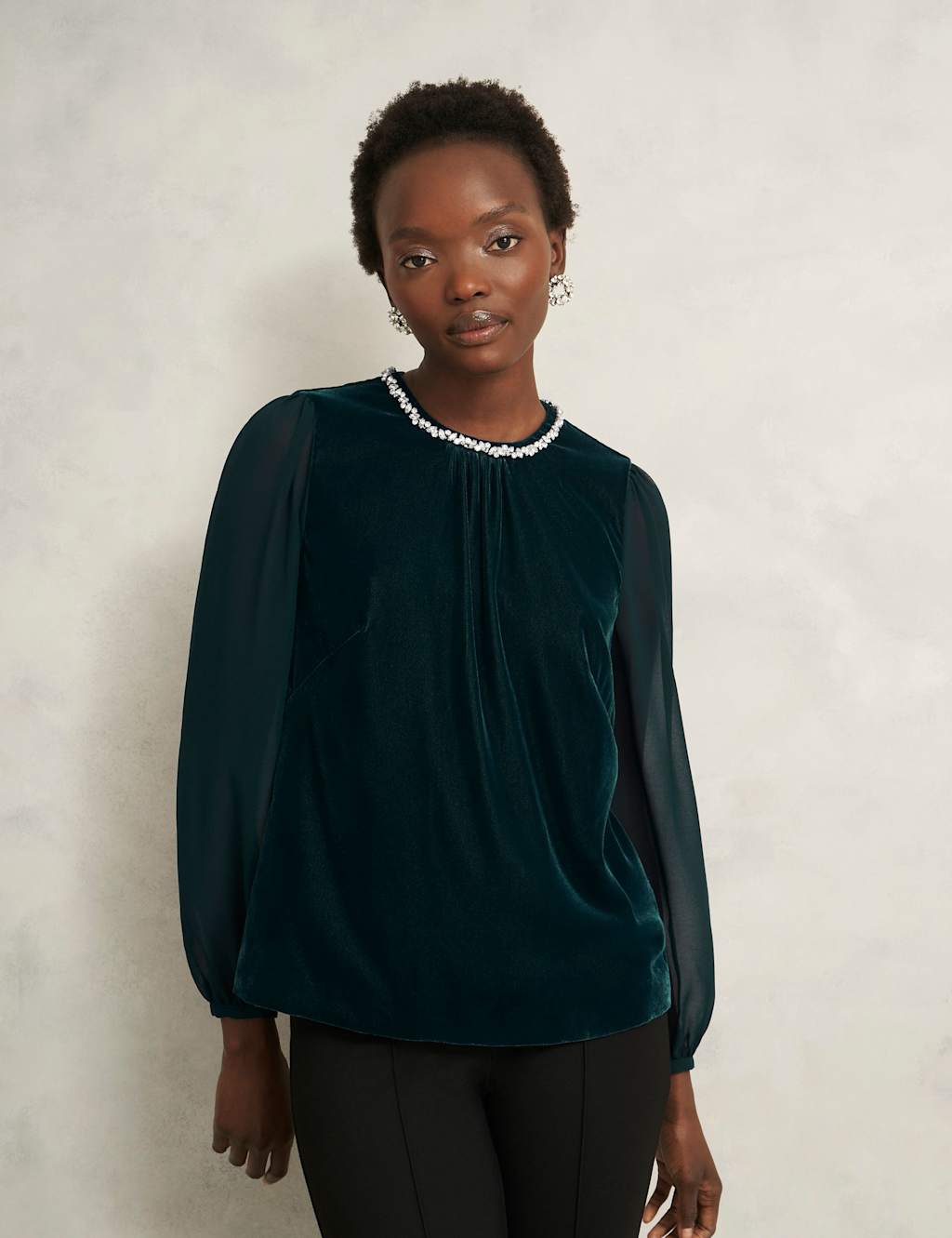 HOBBS Velvet Embellished Sheer Sleeve Blouse Green
