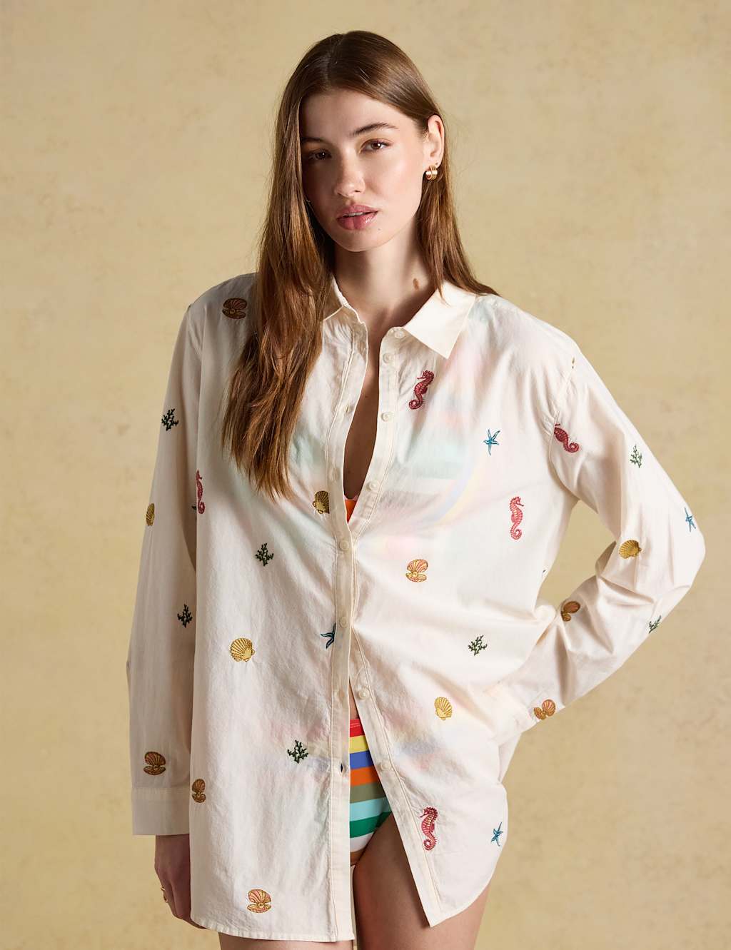 Joules Women's Pure Cotton Embroidered Longline Shirt - 12 - Cream Mix - Available at M&S