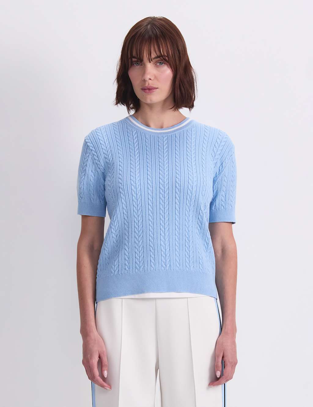 Sportscraft Women's Pure Cotton Cable Knit Knitted Top - Small - Blue - Available at M&S