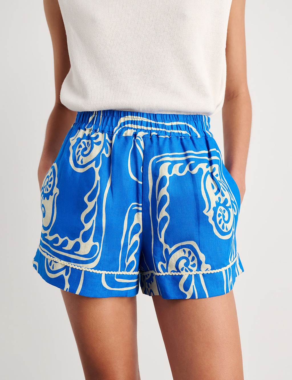 Jag Women's Pure Linen Printed High Waisted Shorts - 10 - Blue - Available at M&S
