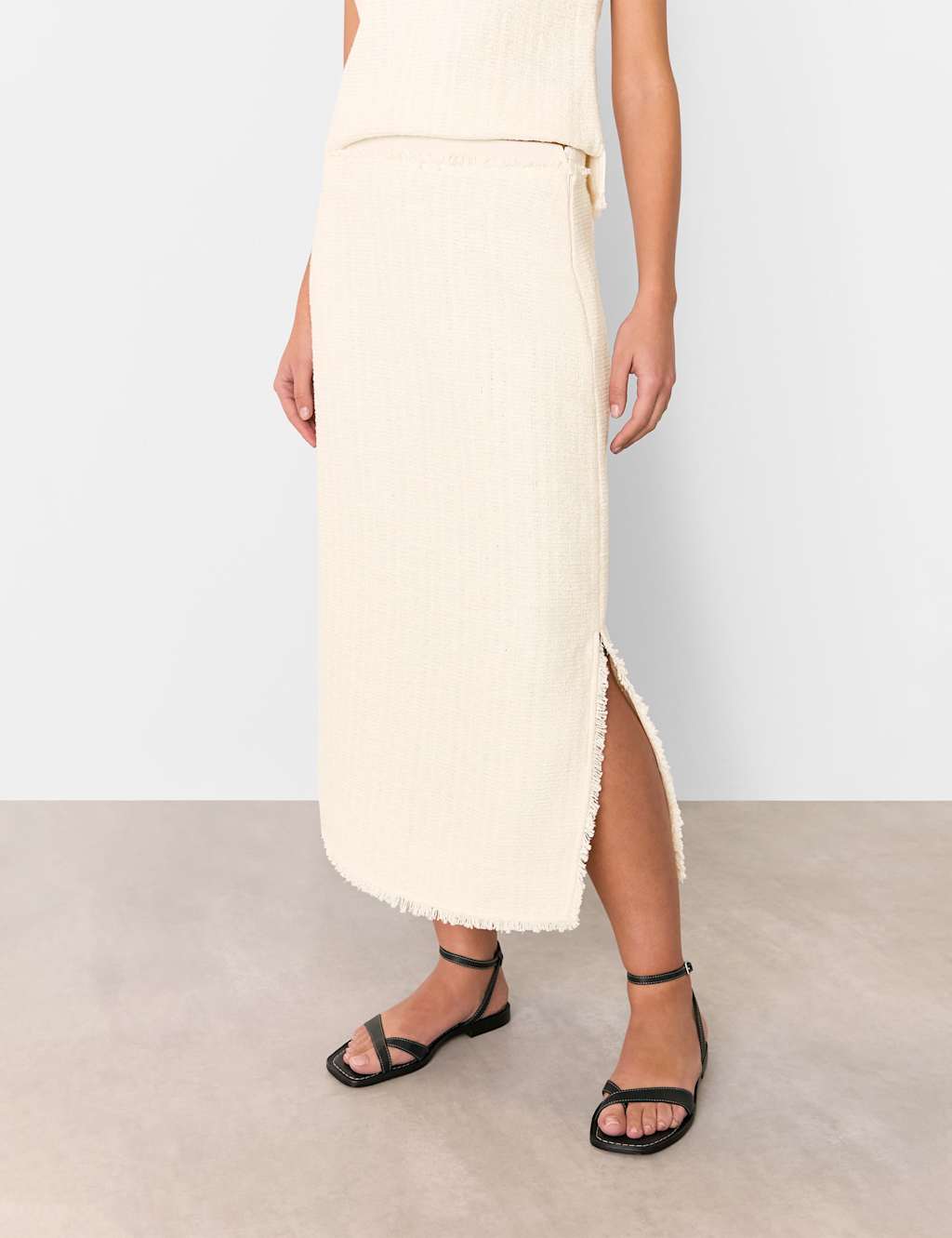 Textured Side Split Midi Pencil Skirt
