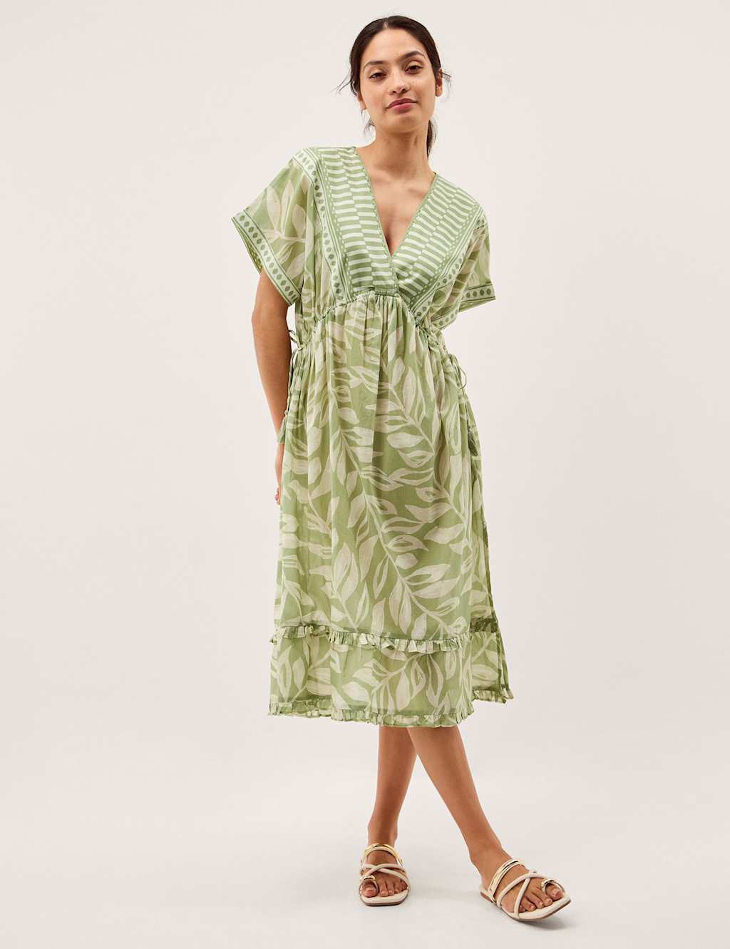 Monsoon Women's Pure Cotton Printed V-Neck Midi Beach Dress - Medium - Green Mix - Available at M&S